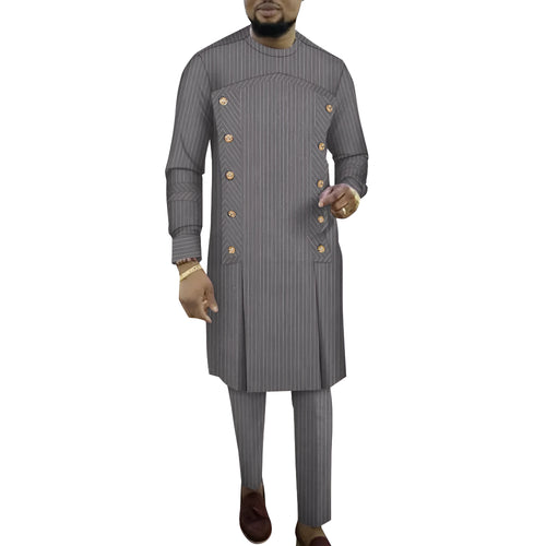 African men's striped cotton robe two-piece set showing long sleeve top and matching trousers