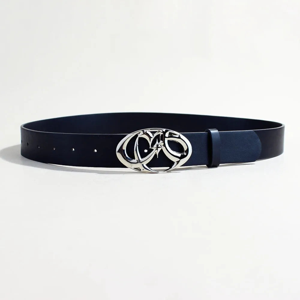 Casual silver buckle PU leather belt showing 3.3cm width and snap button fastening