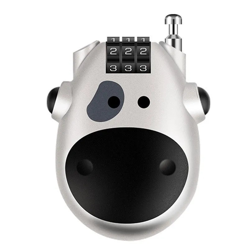 Retractable bicycle and motorcycle helmet lock with steel cable and ABS plastic housing in black cow style