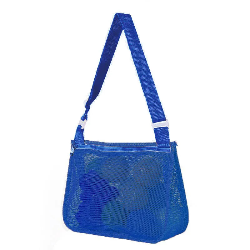 Blue nylon mesh travel storage bag with zip closure for children's toys and clothes