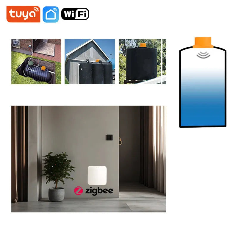 Moray ME201W wireless fluid level sensor with power adapter for remote tank monitoring on mobile app.
