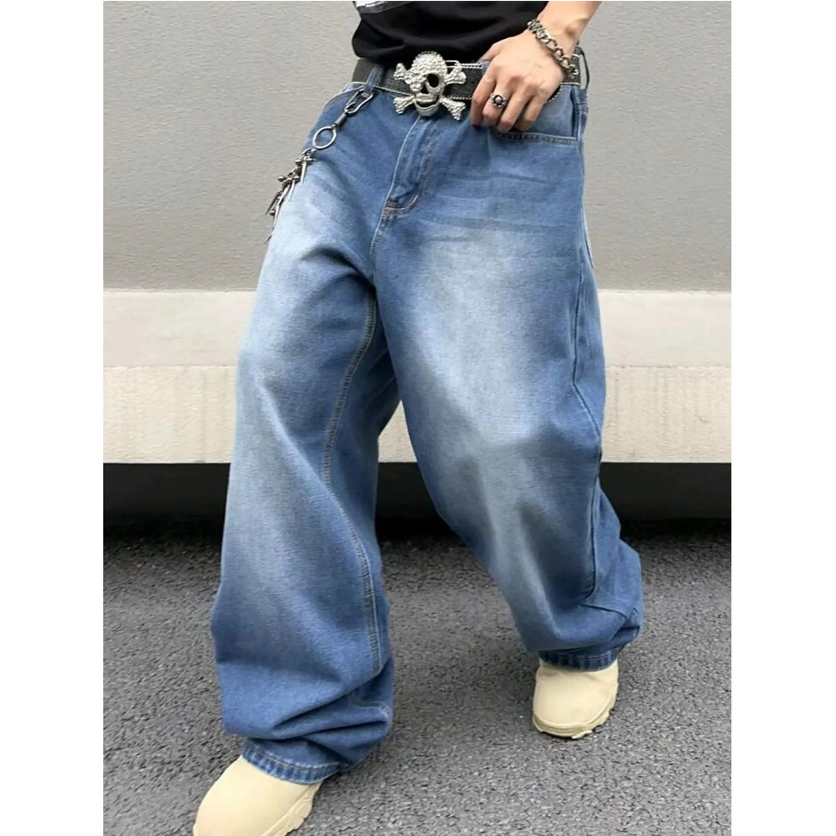 Men's sky blue straight leg jeans in cotton denim with loose fit, zip fly and casual style