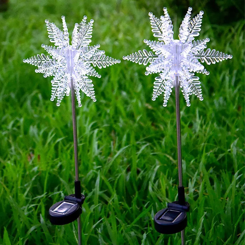 LED solar snowflake lawn light in warm white with 2V 100mA solar panel and waterproof outdoor design