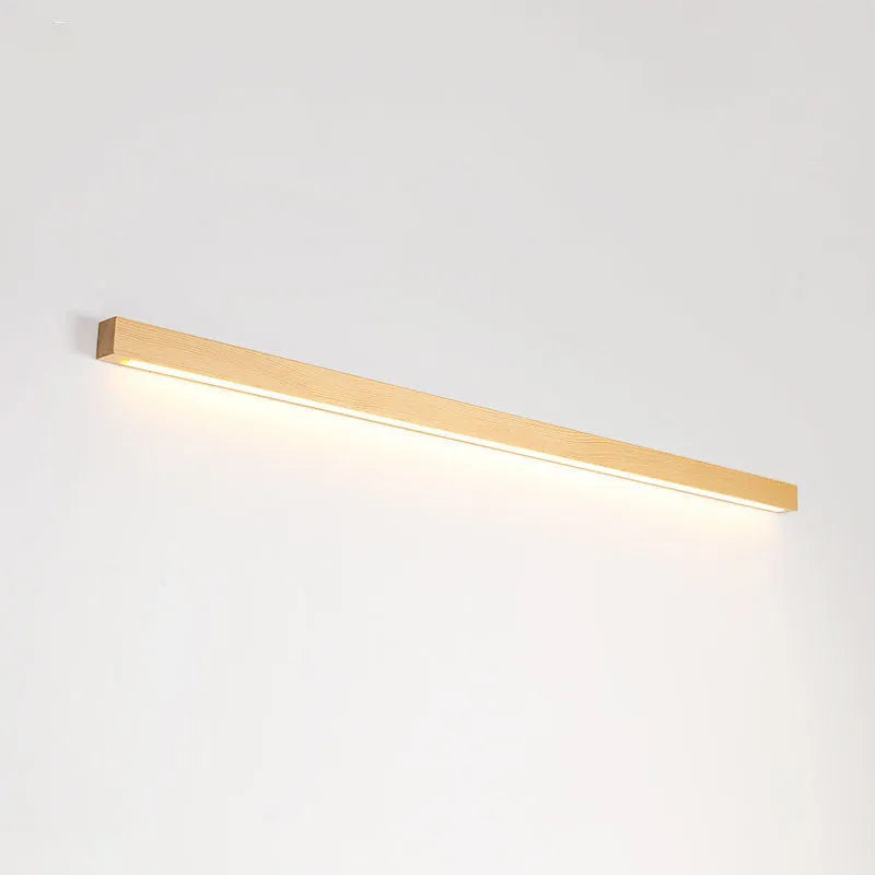 Walnut-coloured wooden log strip wall lamp with acrylic elements and integrated LED lighting.