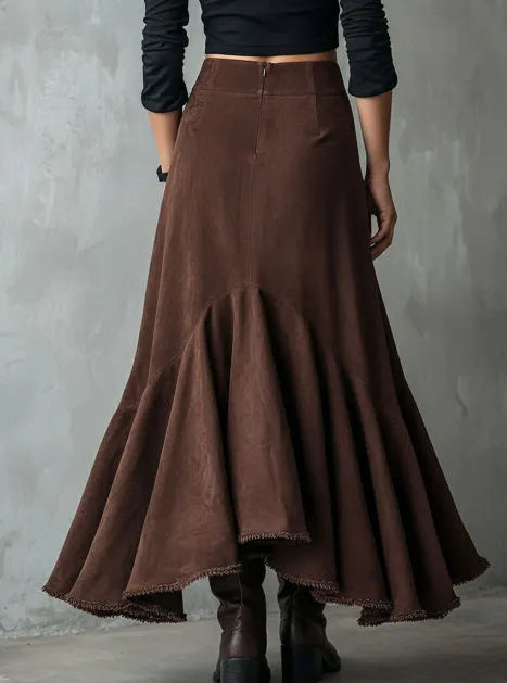 Brown high-low maxi skirt with asymmetric hem and ruffles in eco suede texture