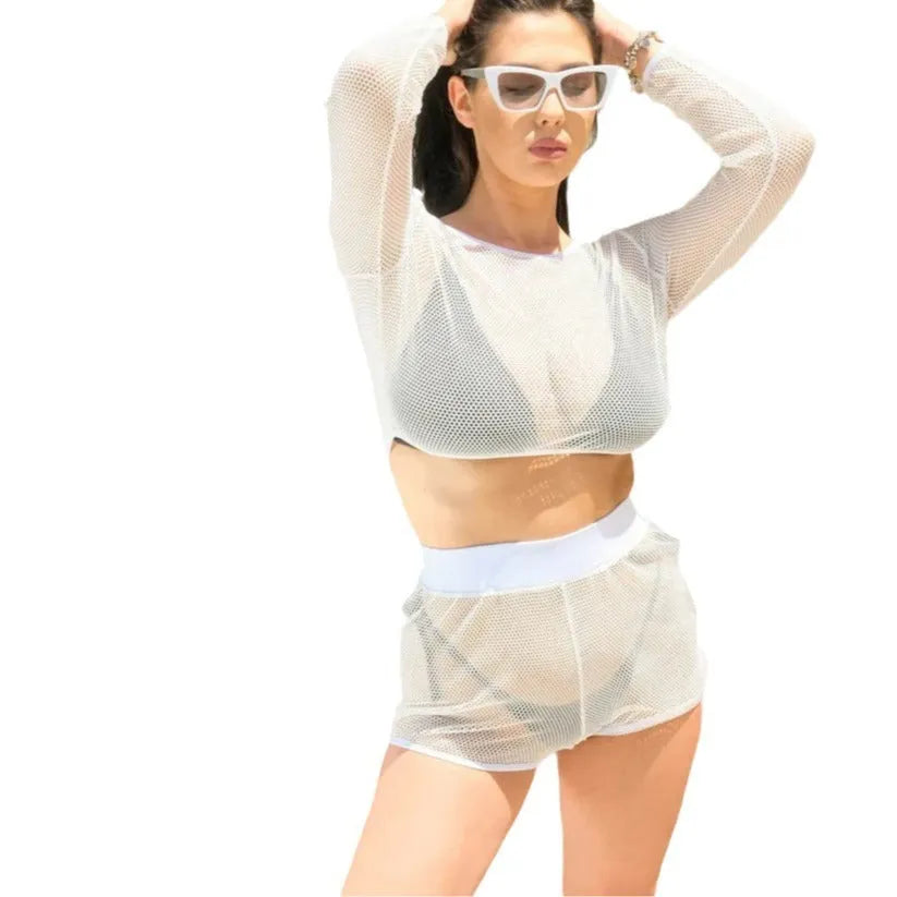 White transparent women's two-piece swimsuit set on a hanger, showing top with breathable straps and matching skirt.