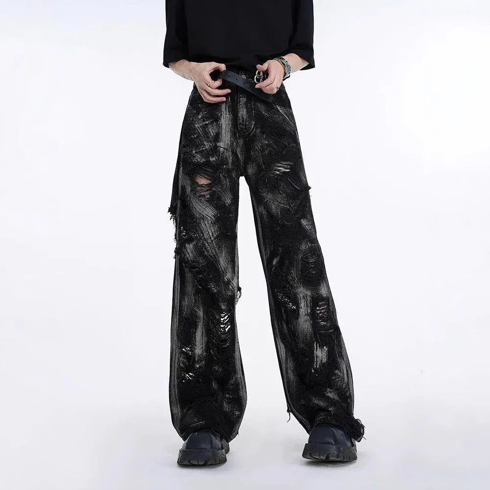Men's heavyweight washed denim jeans with graffiti style in black and grey pink colour options