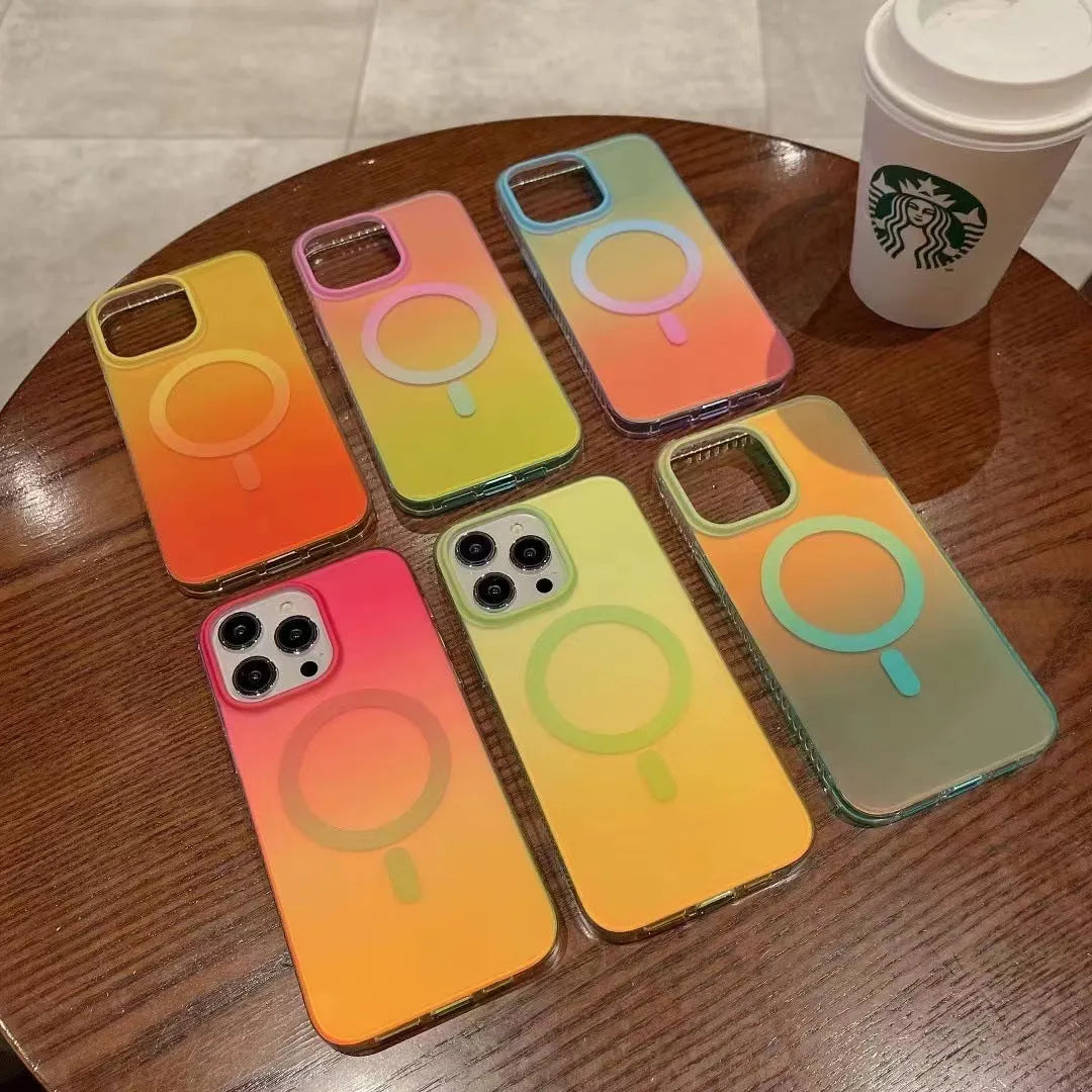 Gradient streamer neon magnetic suction phone case for iPhone in frosted acrylic with red and yellow colour