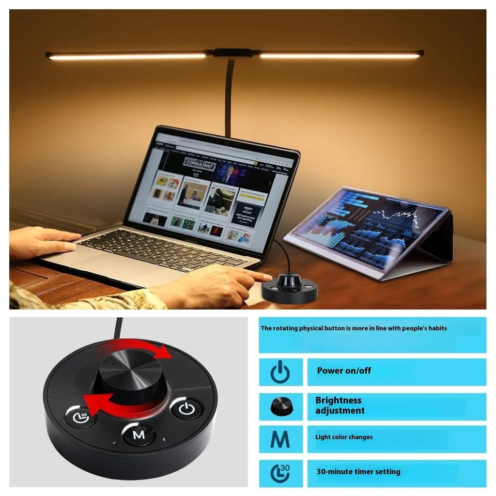 Black LED double-headed gooseneck remote control desk lamp with eye protection on a wooden desk top