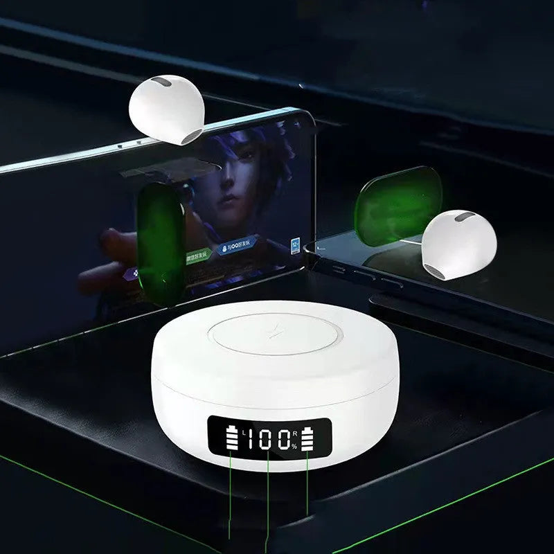 Black wireless semi-in-ear headphones nestled inside a compact white charging case with lid open.
