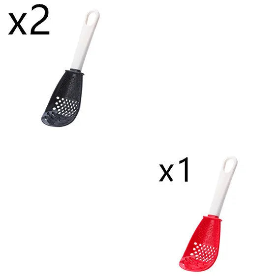 Red and black plastic multifunctional cooking spoon with grinding serrations and half-enclosed design