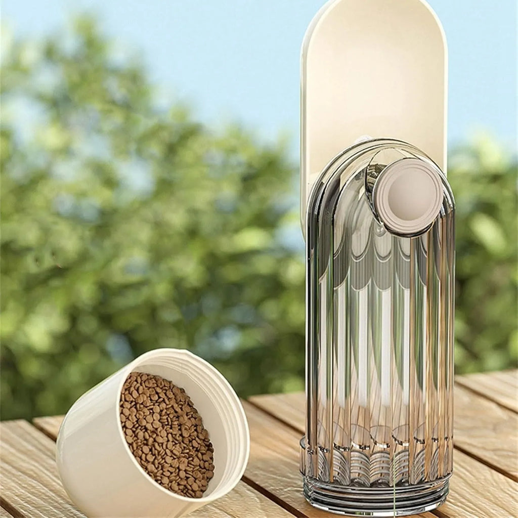 Foldable portable dog water bottle with built-in food dispenser in beige or green.