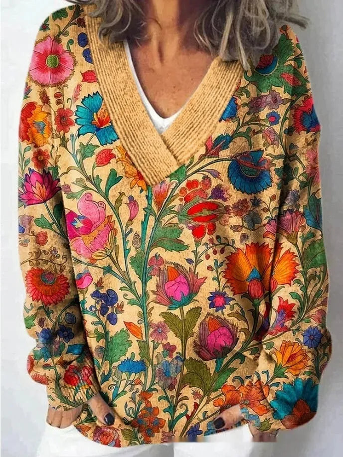 Women's V-neck sweatshirt with 3D floral pattern in art retro style, long sleeves, pullover design