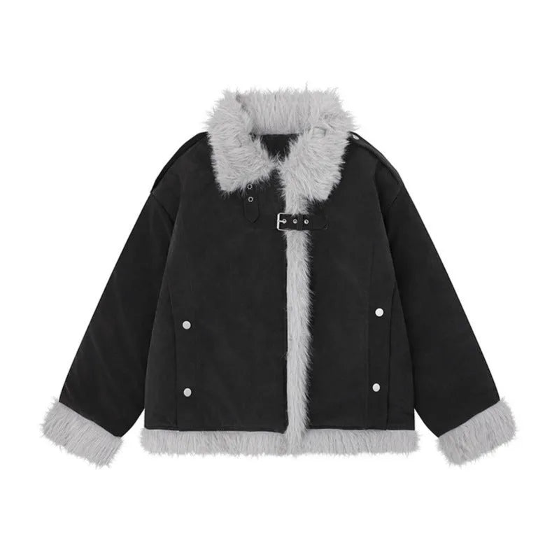 Women's American-style retro loose fit lambswool coat in black with lapel collar
