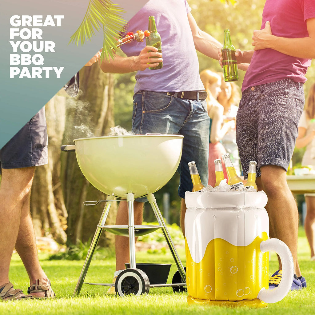 Large yellow inflatable beer mug cooler pool float with drink holders