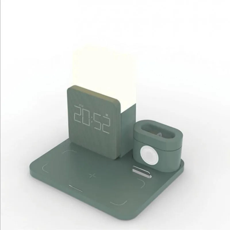 A dark green 3-in-1 wireless charging stand for iPhone, Apple Watch, and AirPods on a desk.