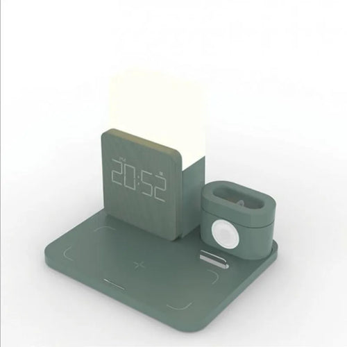A dark green 3-in-1 wireless charging stand for iPhone, Apple Watch, and AirPods on a desk.