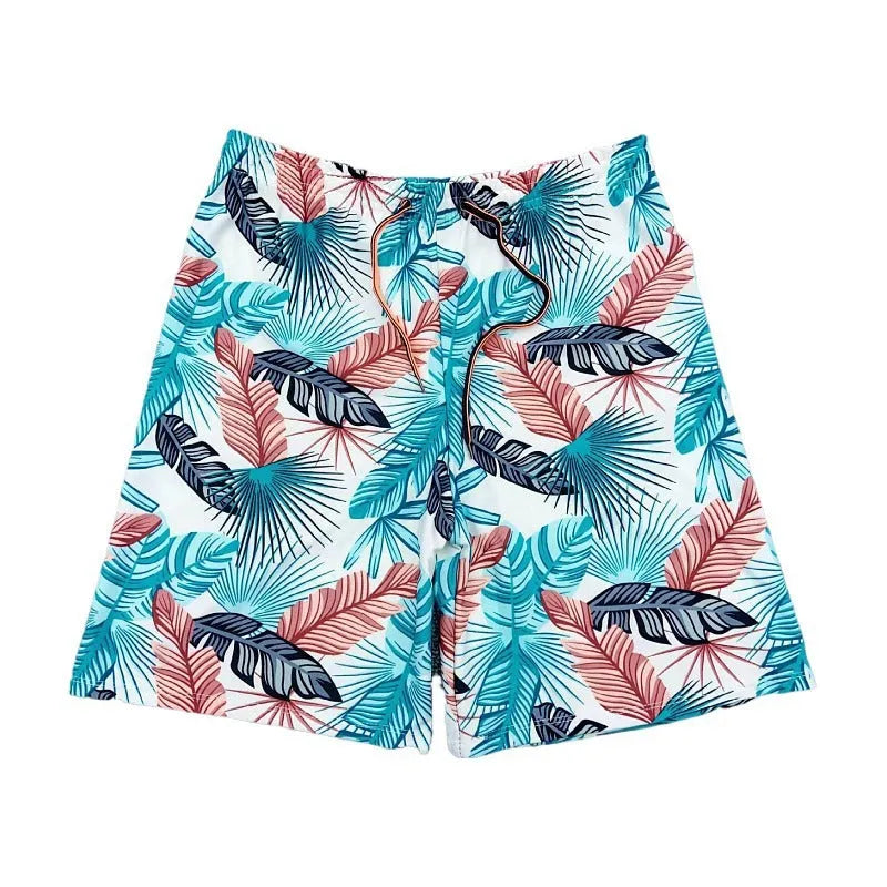 Men's cropped beach swimming trunks in multicolour leaf pattern with briefs style
