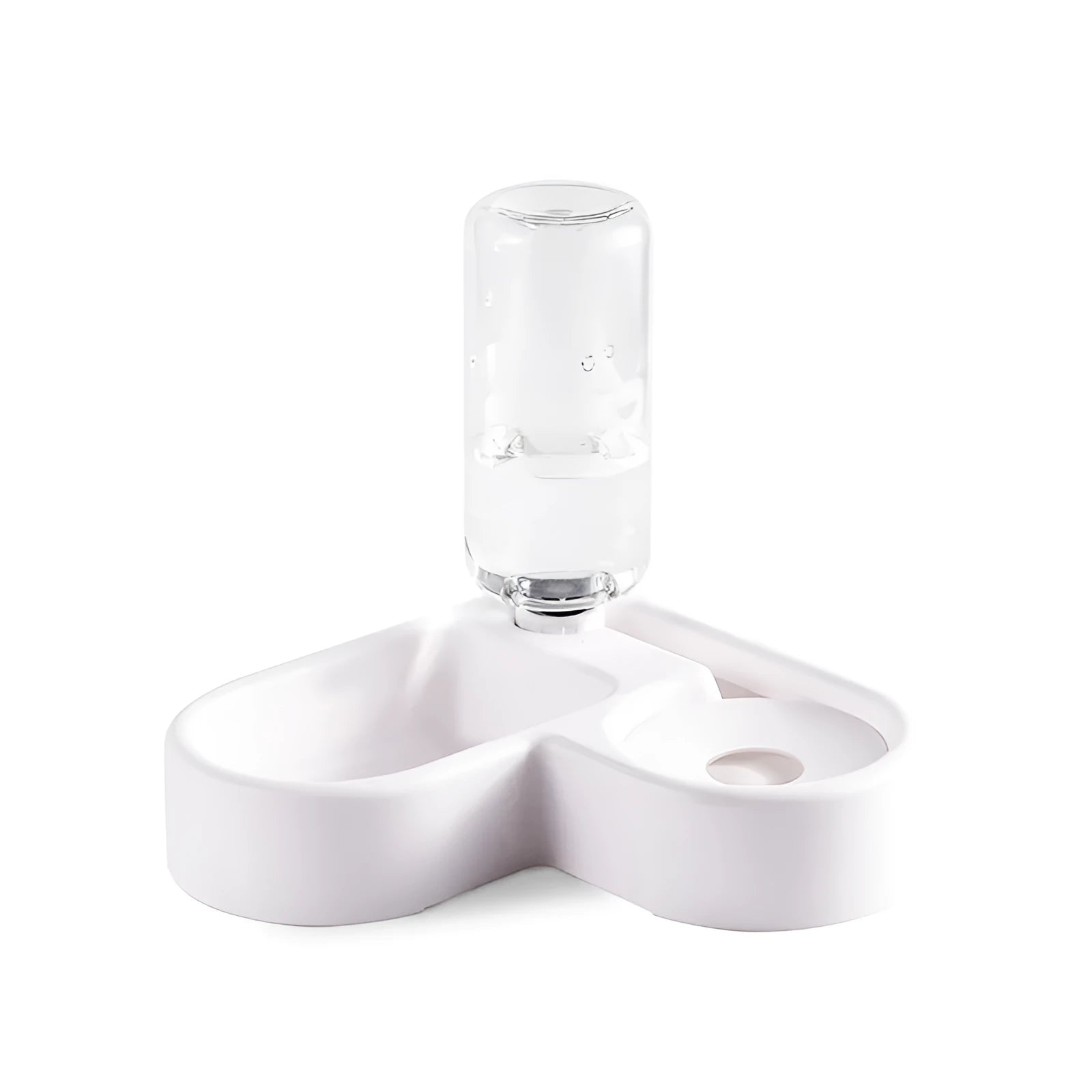 White plastic pet water fountain with electric pump on a floor.