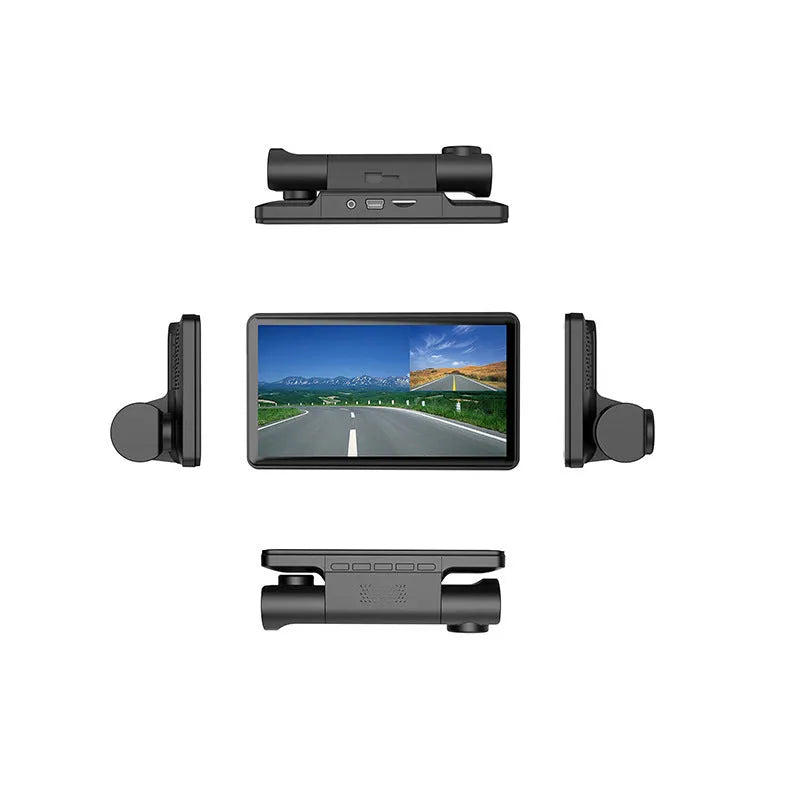 Black three lens dashcam with 4-inch touchscreen display for front, rear, and interior vehicle recording