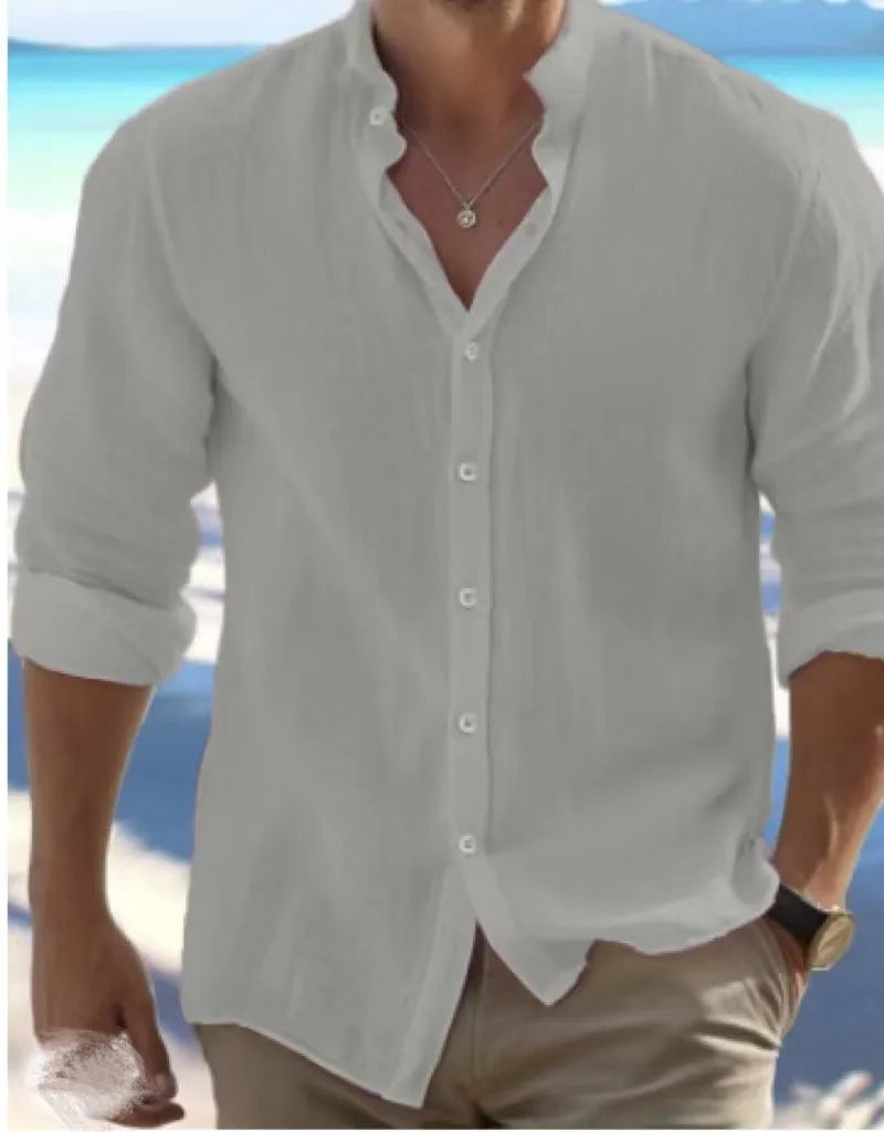 Men's light grey long-staple cotton pullover shirt for summer casual wear.
