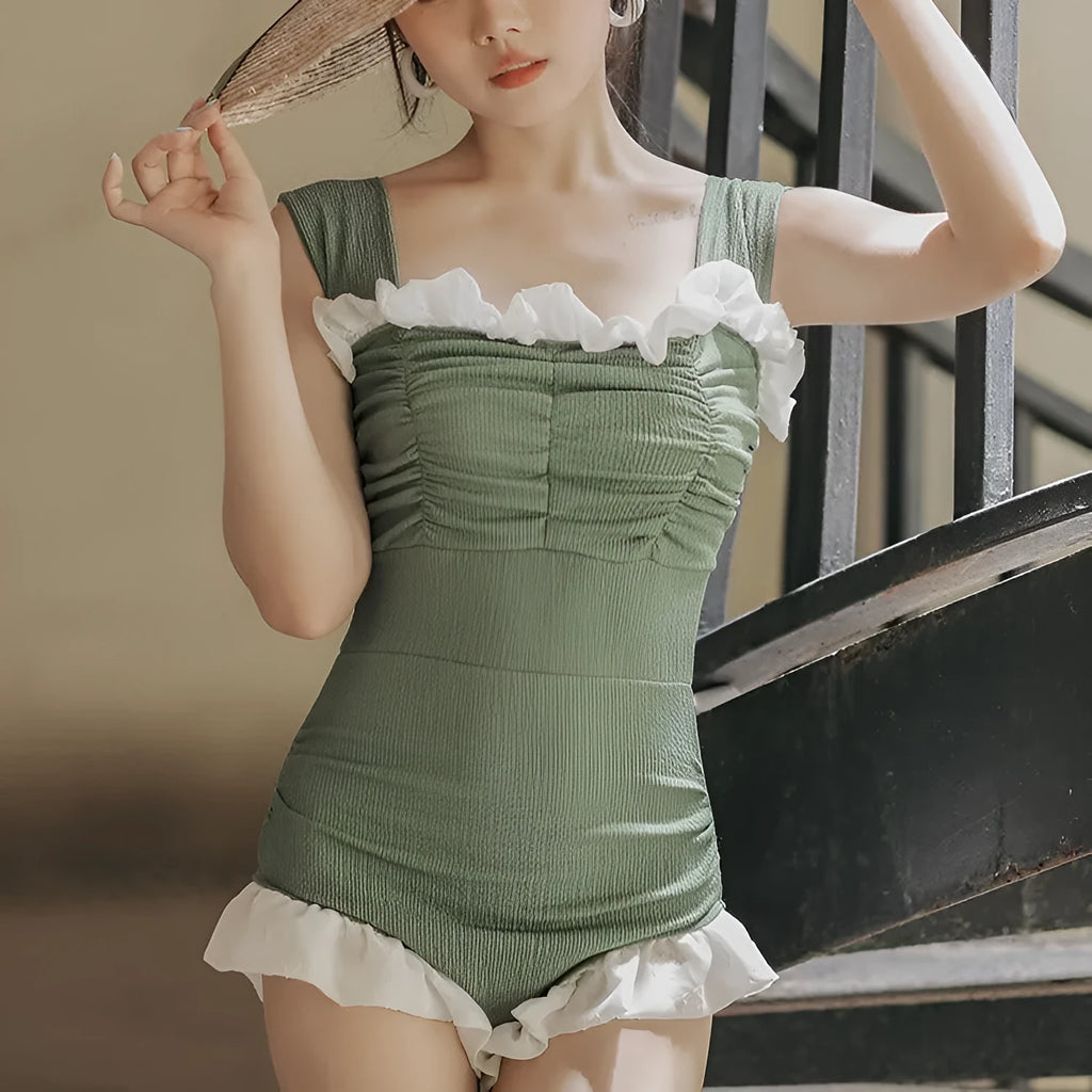 Korean style high-waist one-piece swimsuit in quick-drying polyester