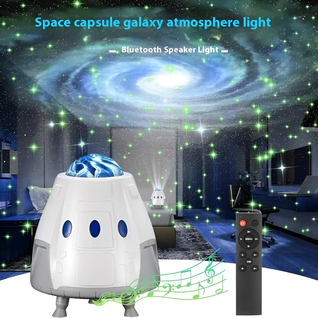 Space capsule shaped USB projection lamp showing galaxy light effect on a wall