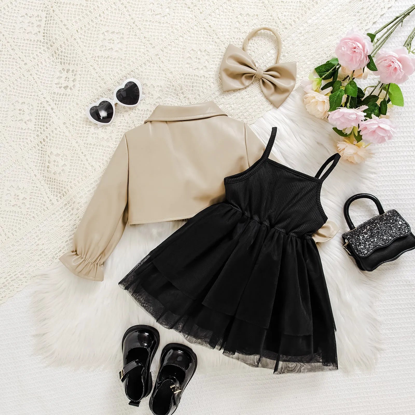 Girls khaki flowers pattern two-piece leather jacket and suspender skirt set for toddlers 3 months to 3 years