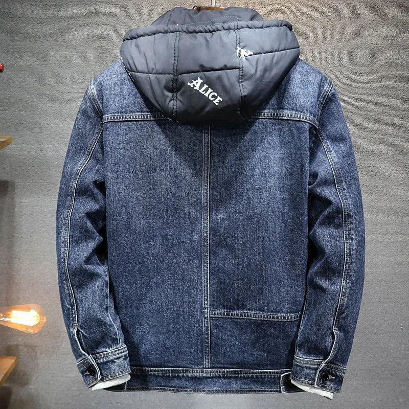 Men's loose hooded fleece jacket blue with patch pockets and raglan sleeves winter thickened cotton coat