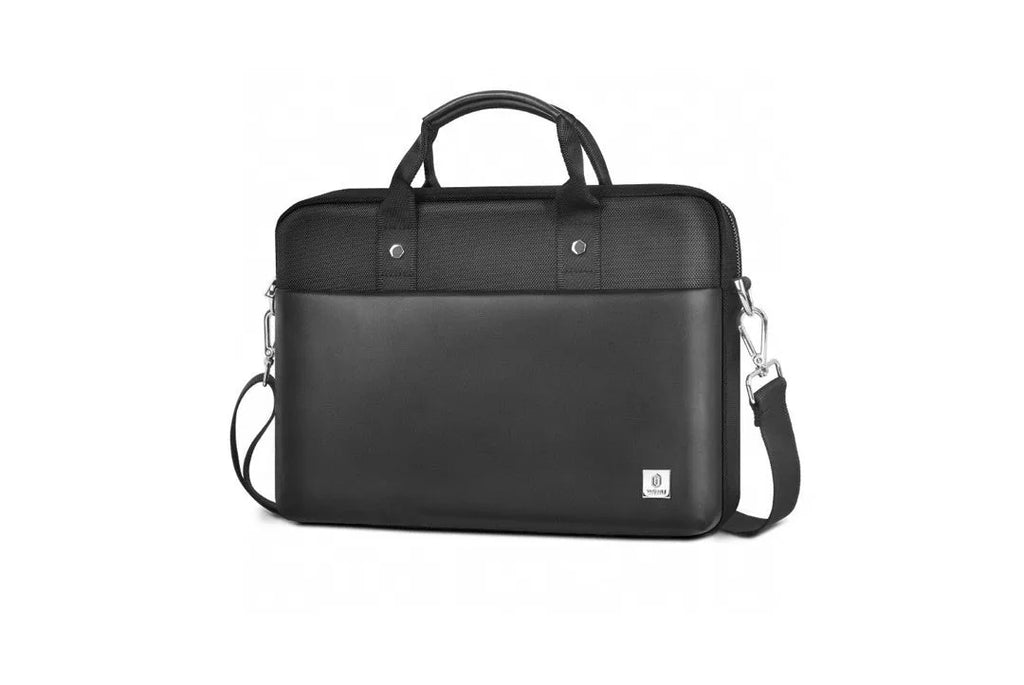 Black Oxford cloth laptop handbag showing multiple pockets and a lock, suitable for a 15.6-inch device.