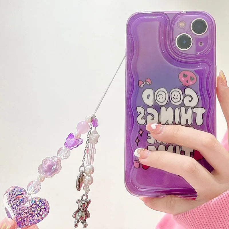 Purple graffiti English love pendant design iPhone case with attached bracelet.