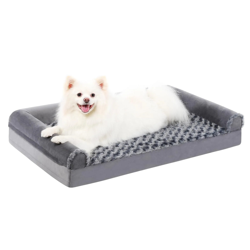 Grey U-shaped removable pet sofa kennel with embossed velvet fabric, shown in multiple sizes.