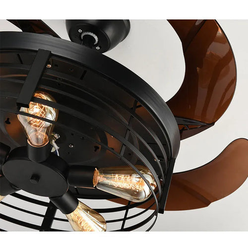 American retro-style ceiling fan lamp with retracted acrylic blades and integrated light shade, remote control on table.