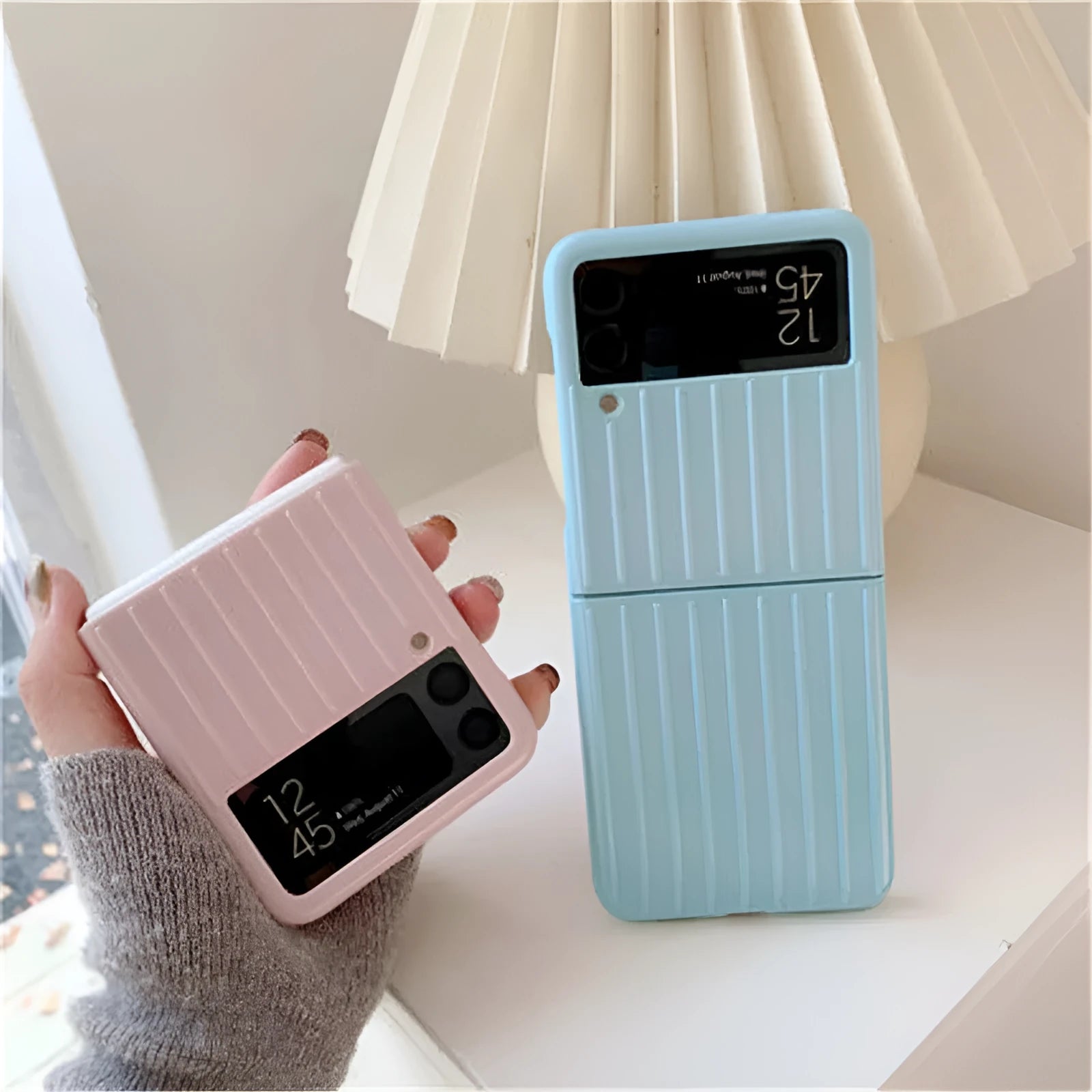 Samsung Z Flip3 ultra-thin flip phone case in solid black, red, pink, silver, gold, sky blue, and light green colours.