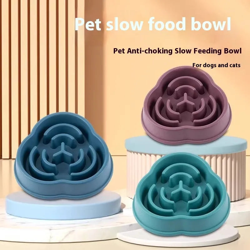 Plastic pet slow feeding dog bowl in colour option with anti-skid base and anti-choke design