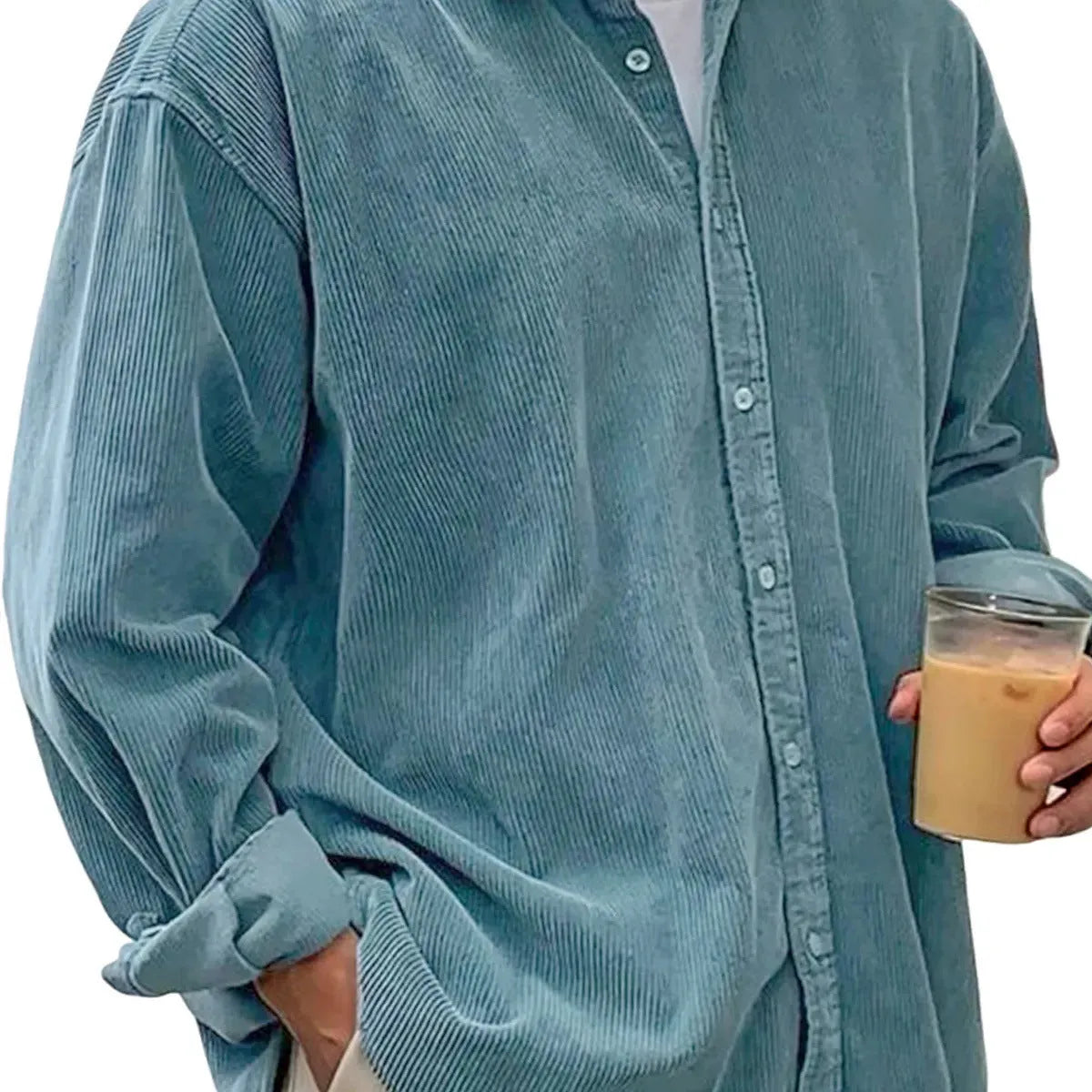 Men's casual loose fit corduroy shirt jacket in solid colour, polyester cardigan style for autumn winter