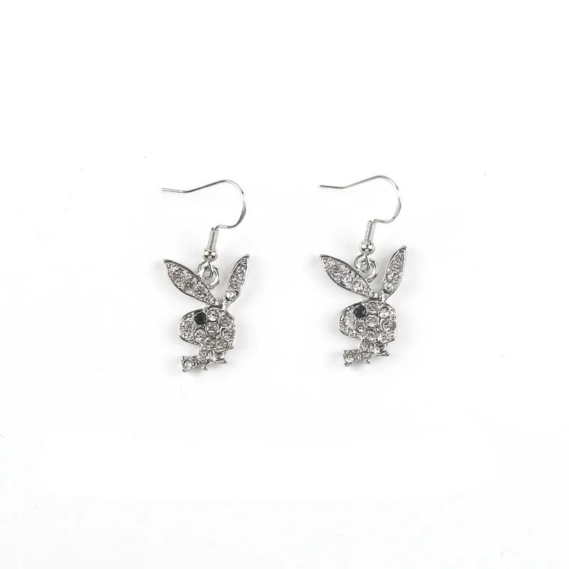 Rabbit stud earrings in alloy, full diamond finish, silver pink and gold, 1 pair