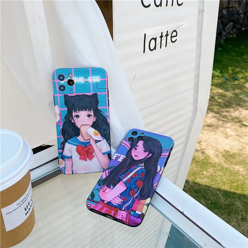 Soft rubber phone case with Japanese manga girl design featuring a girl eating bread, for iPhone