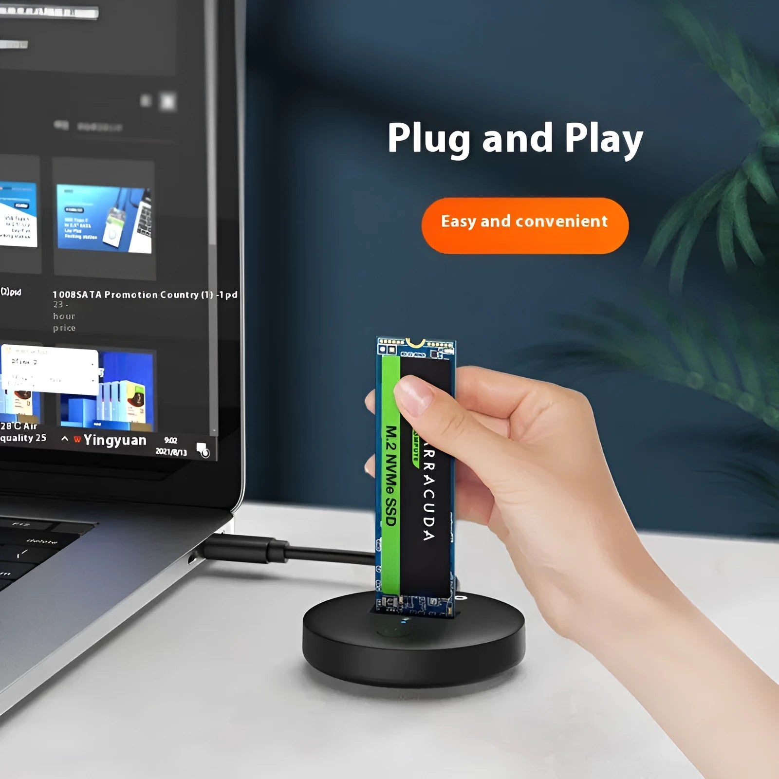 Black external hard drive enclosure for NVMe SSDs with USB Type-C port