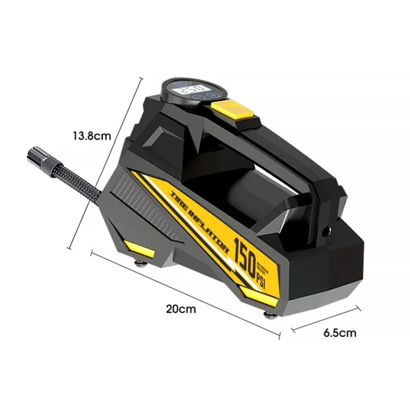 Black portable car tyre inflator with digital display and hose, shown with 12V power plug