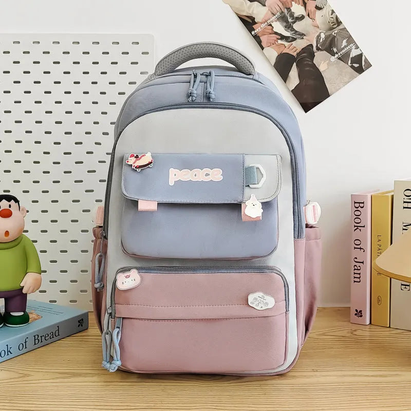 Women's large capacity nylon schoolbag 29x45x17cm with letter pattern, available in grey, khaki, purple, black, and blue