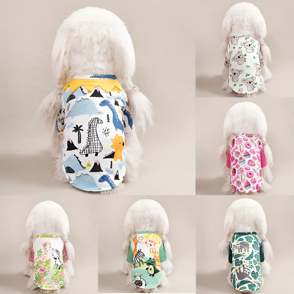A small dog wearing a colourful full-print polyester casual T-shirt.