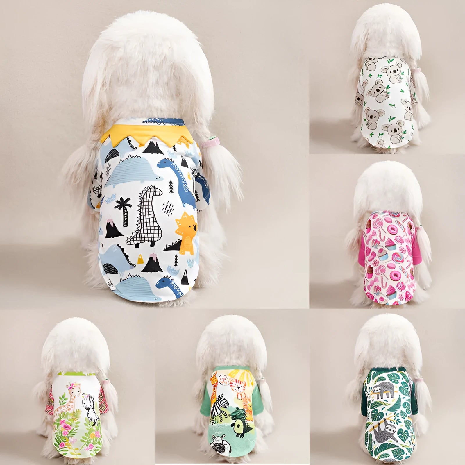 A small dog wearing a colourful full-print polyester casual T-shirt.