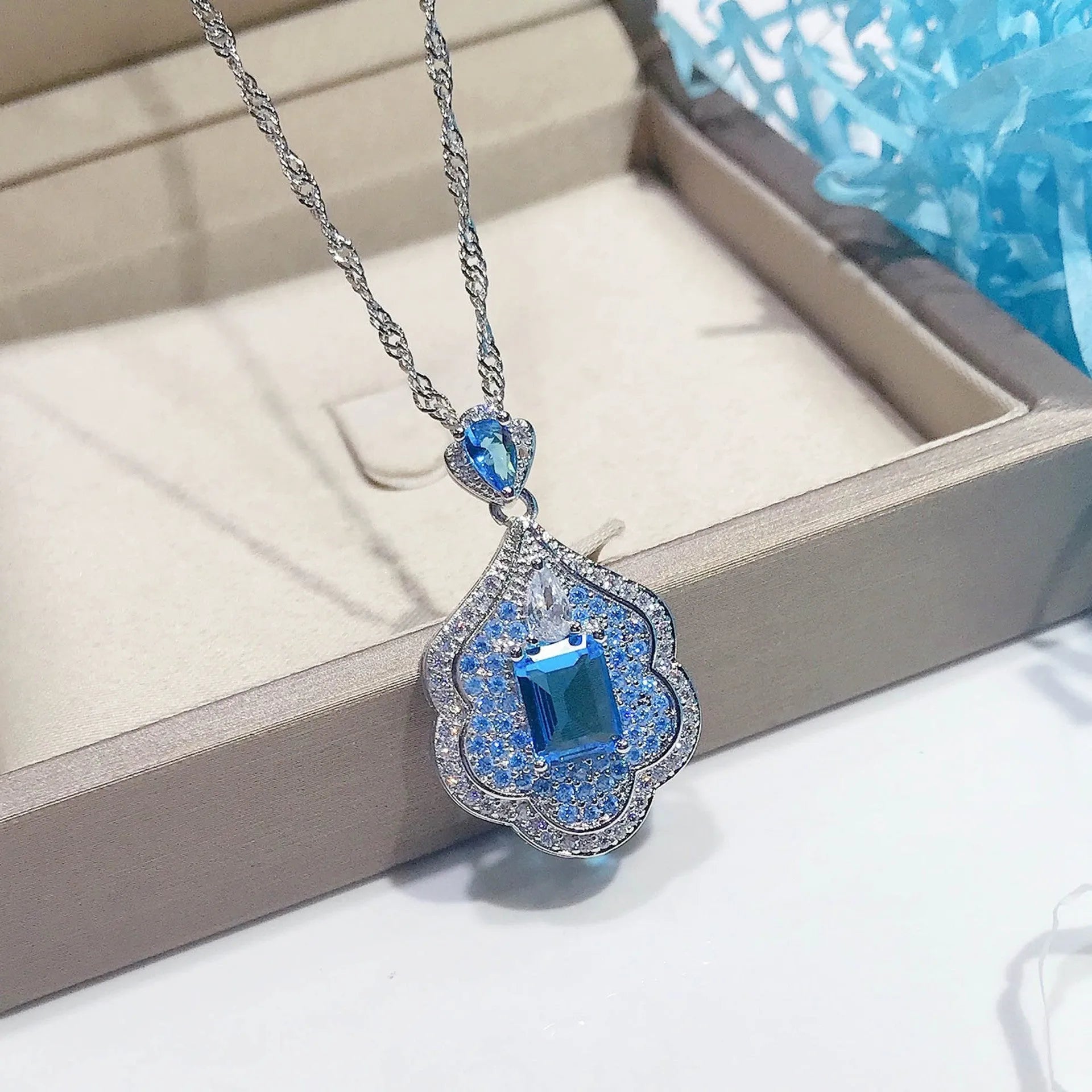 Sea blue geometric copper pendant with aquamarine mirror finish for jewellery making