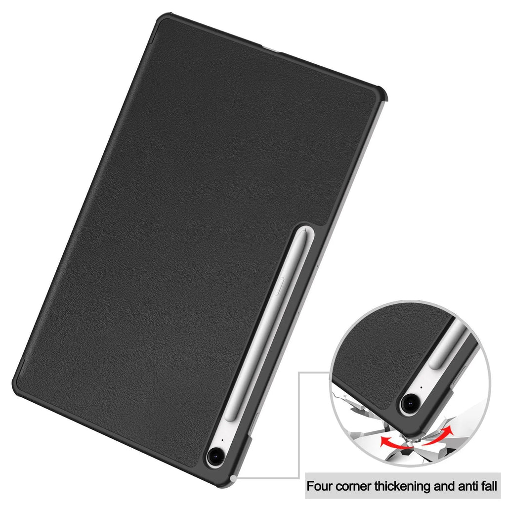 Samsung Tab S10 FE Plus 13.1-inch tri-fold hard protective case in black with integrated kickstand open.