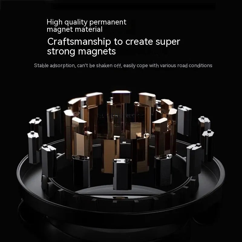 All-metal foldable magnetic car phone mount in Qian colour, shown on a dashboard.