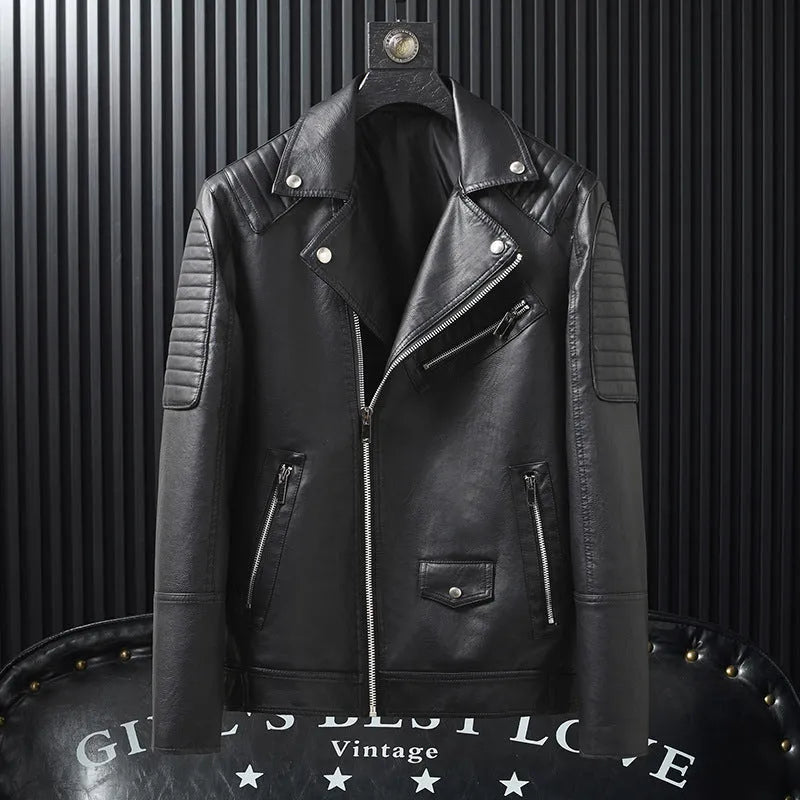 Slim-fit PU leather biker jacket for men in black, featuring zipper pocket and stand collar