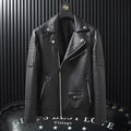 Slim-fit PU leather biker jacket for men in black, featuring zipper pocket and stand collar