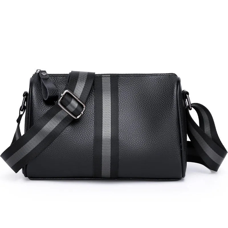 Black genuine leather one-shoulder crossbody bag with dimensions 24cm x 16cm x 13cm