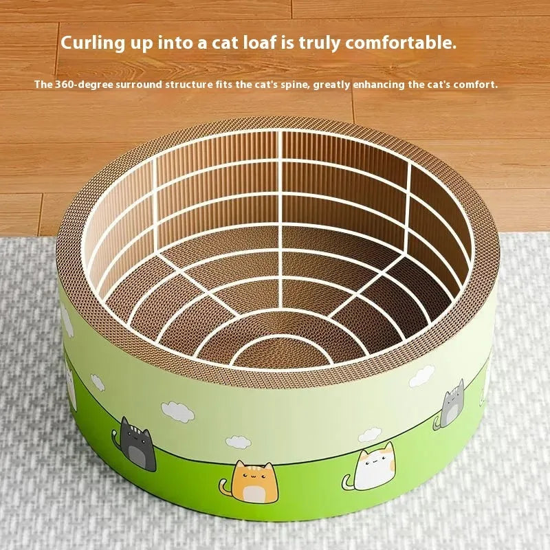 Large round deep pit corrugated paper cat scratch board measuring 50cm in diameter on a wooden floor.
